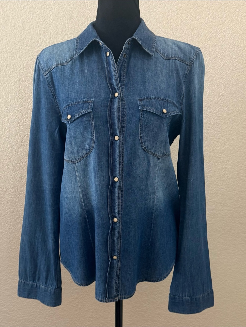 Sanctuary Clothing Denim Pearl Snap Western Button Down Shirt SM-MD Y2K Vintage